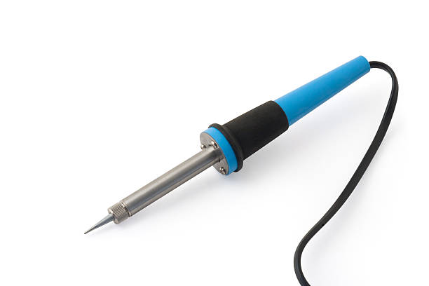electric soldering iron with the blue handle on a white background